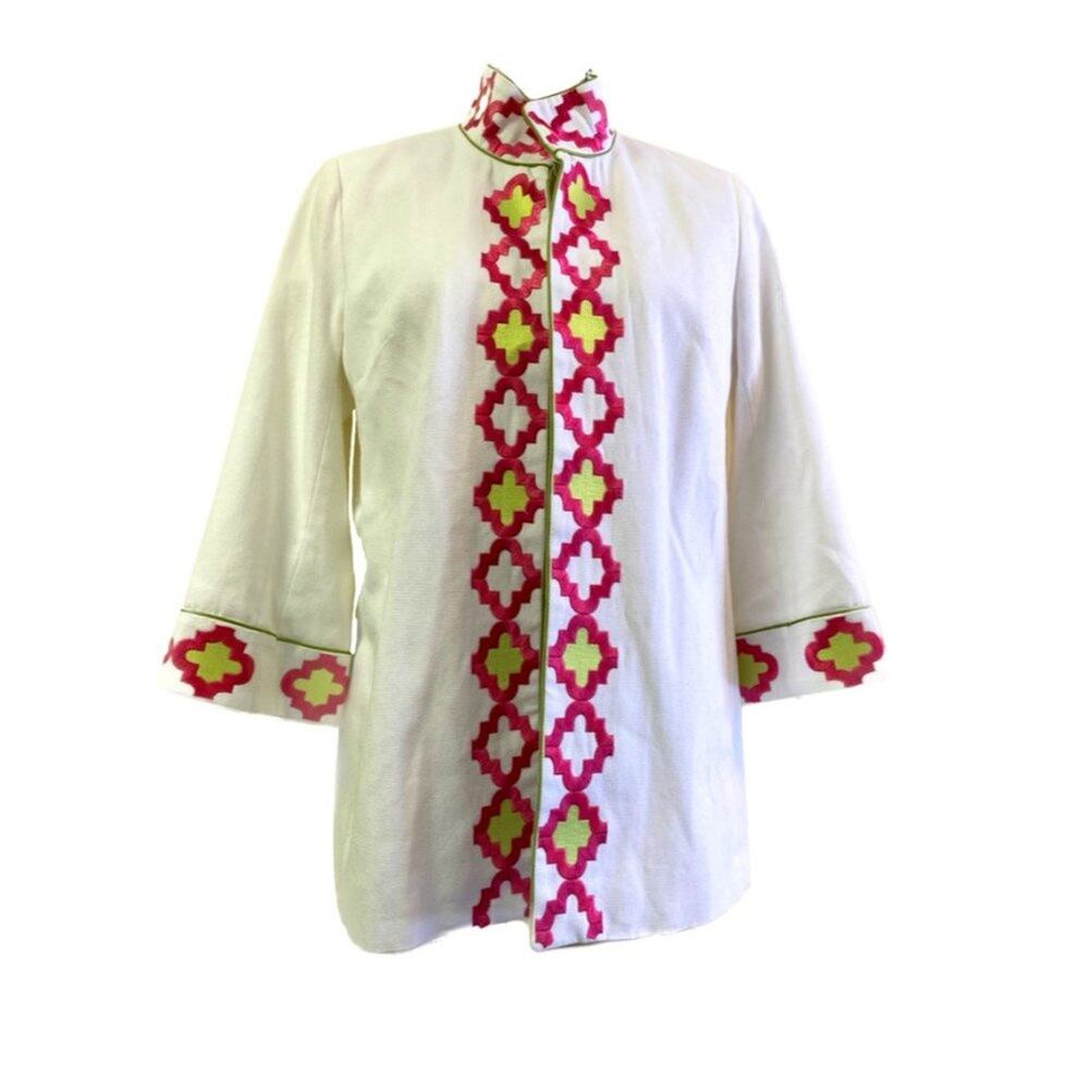 Mandarin Collar White Jacket with Pink and Green Embroidery